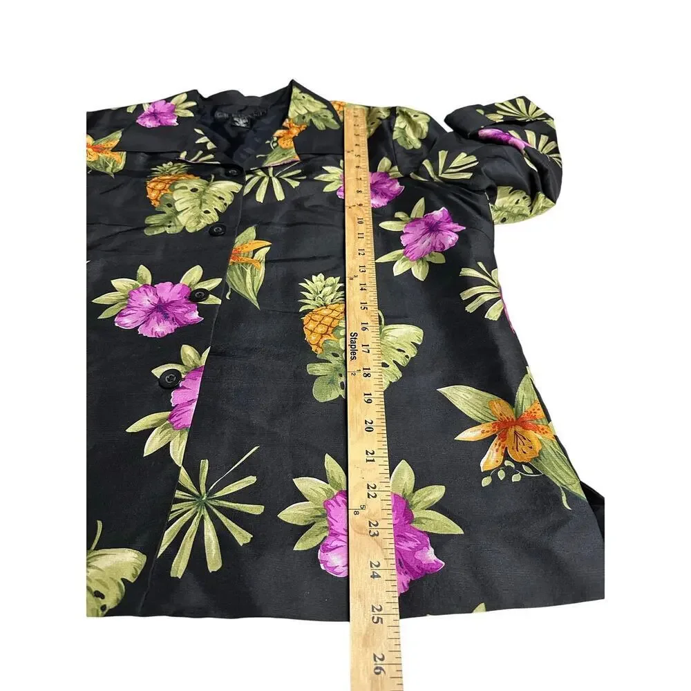 Silkland 100% Silk jacket Blazer Black Tropical Flowers 16 Resort vacation beach - Picture 7 of 13